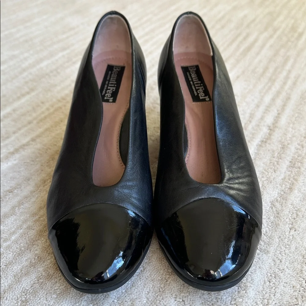 EUC Beautifeel Maya Black Leather/Patent Cap Toe Slip On Pump Heels 38 | 7-7.5